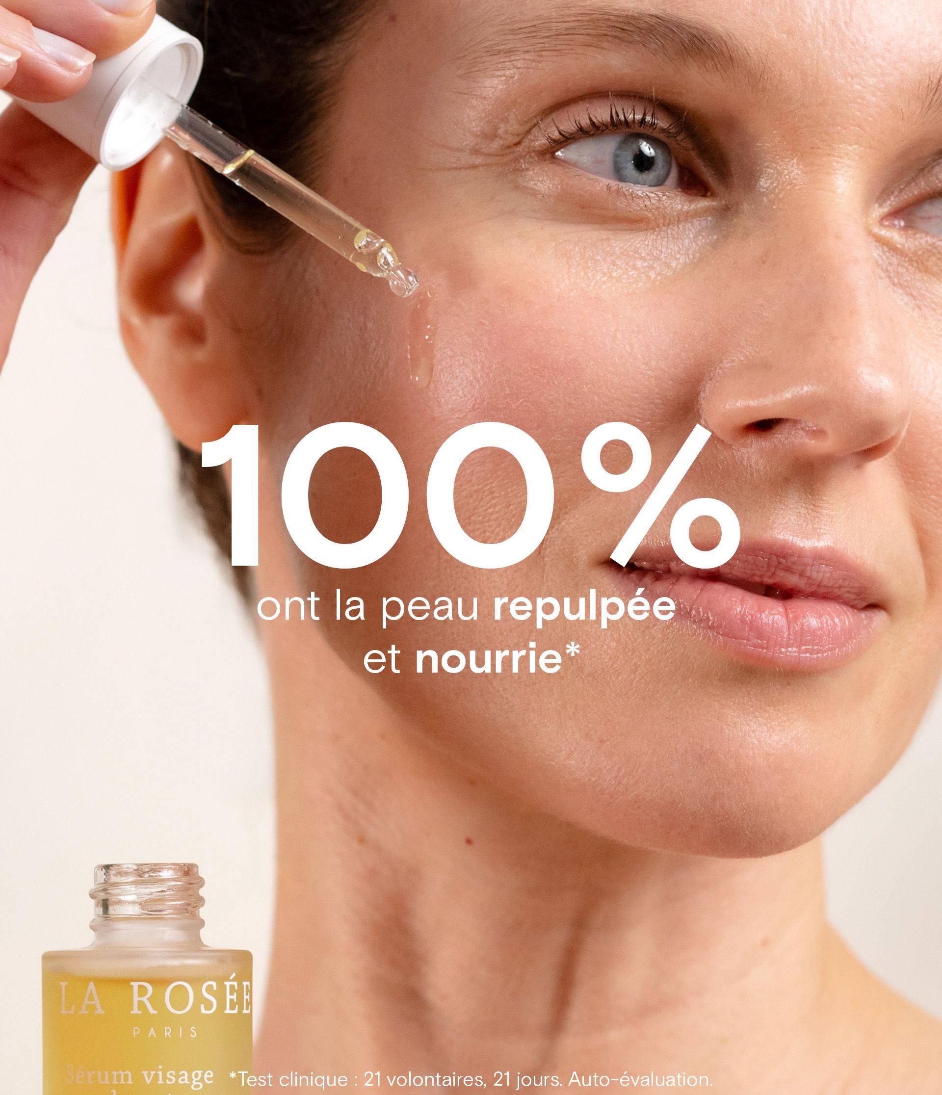 A close-up of a woman applying serum to her face with a dropper. Text overlays promoting skincare benefits. A product bottle is visible.