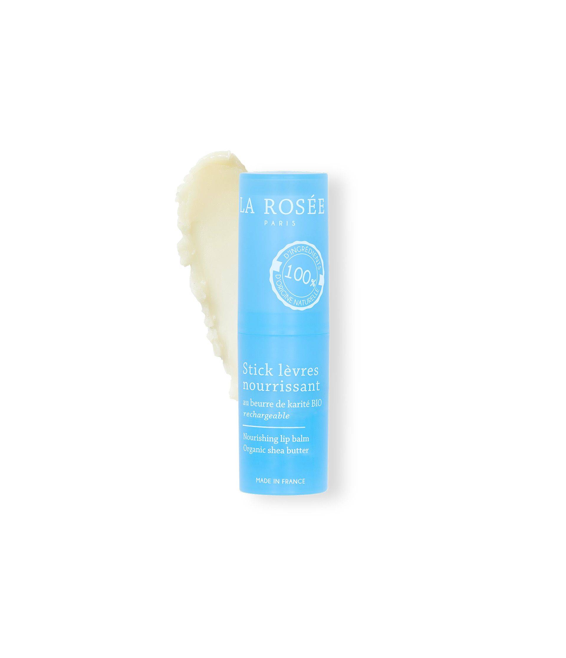 Packshot et texture stick levres nourrissant incolore classique au beurre de karité BIO - La Rosée