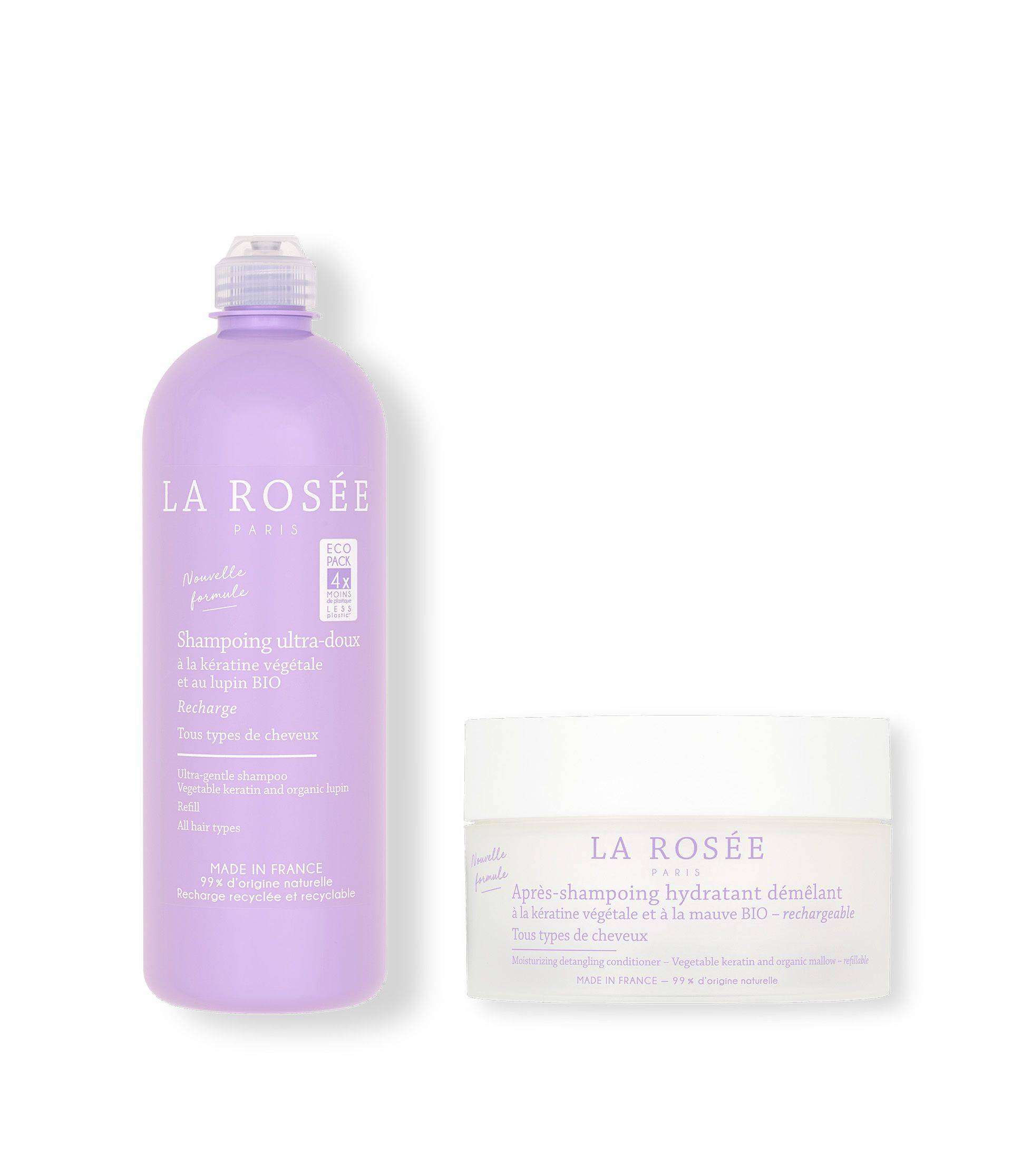 Purple bottle and white container of La Rosée Paris hair care products, featuring natural ingredients for all hair types.
