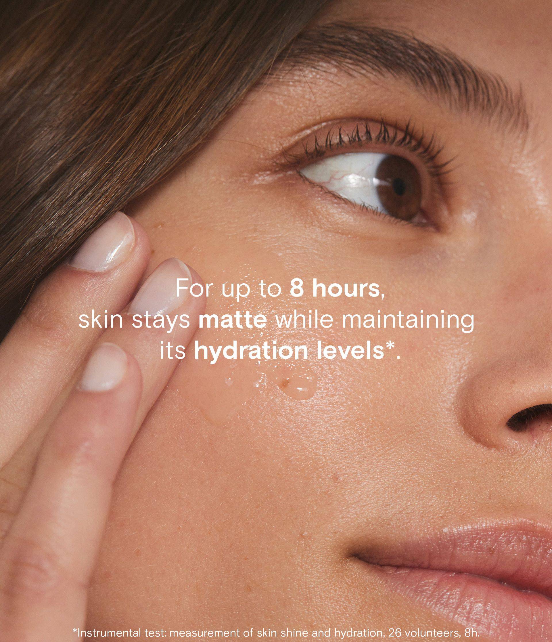 A close-up of a person applying skincare product, emphasizing 8-hour matte finish with maintained hydration, with text overlay advertising benefits.