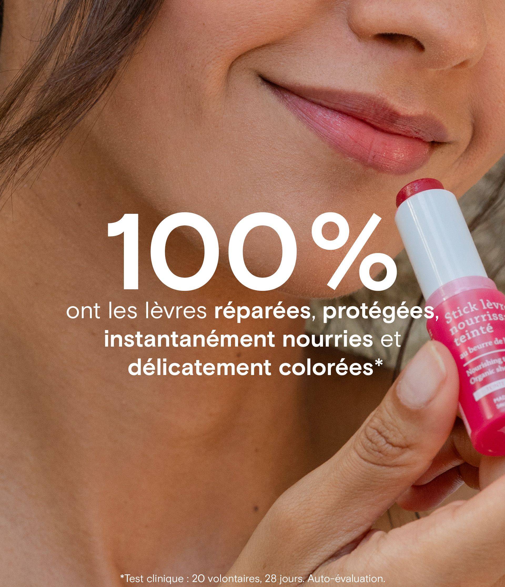 A person applies pink lip balm, smiling. Text states: 100% have repaired, protected, nourished, and delicately colored lips.